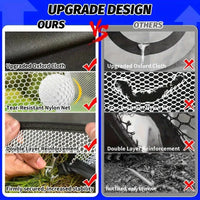 deluxe golf practice net set showing upgraded oxford cloth tear resistant nylon net and double layer reinforcement for stability