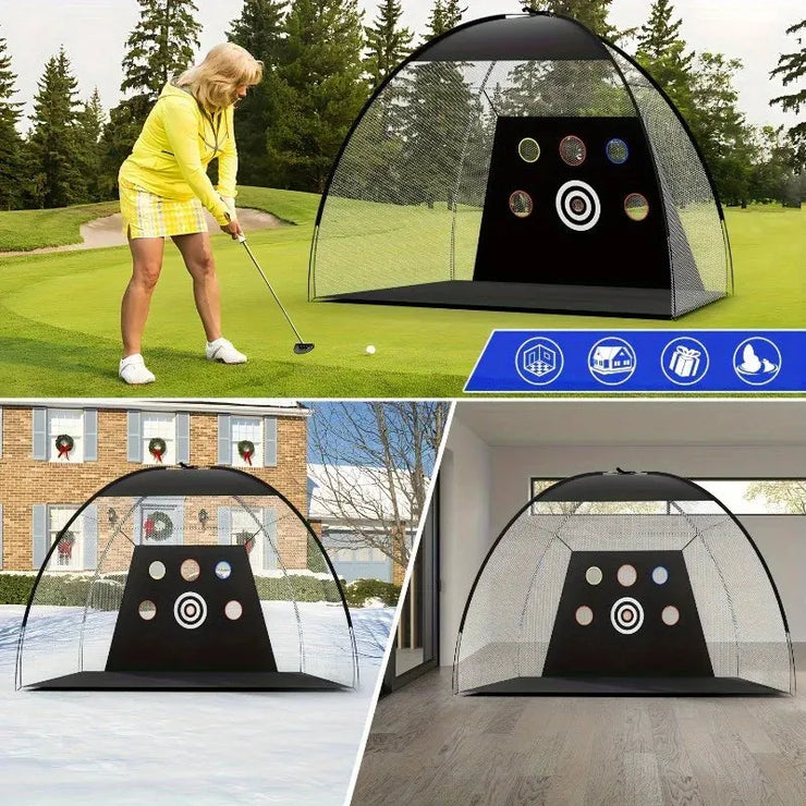 Under Par Discount Golf deluxe golf practice net set with pop up dome target panel and hitting mat outdoors and indoors