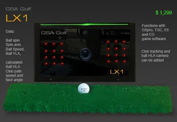 GSA LX1 golf launch unit with LED sensors and golf ball on turf showing VisTrak EVi Lite launch monitor