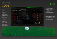 GSA LX1 golf launch unit with LED sensors and golf ball on turf showing VisTrak EVi Lite launch monitor