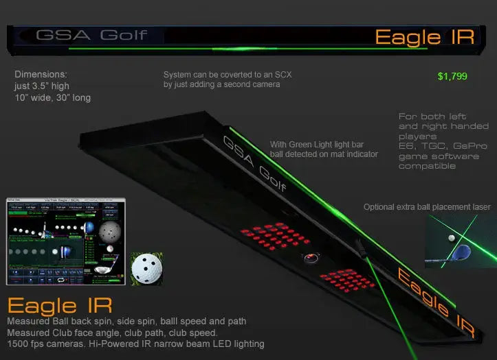 GSA Golf Eagle IR unit with green LED strip integrated camera and display VisTrak EVi Lite launch monitor for golf practice