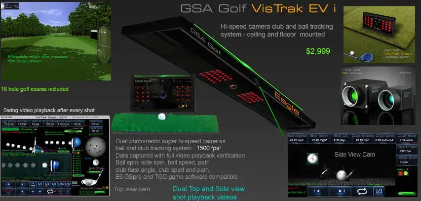 GSA equipment collage featuring VisTrak EVi Lite launch monitor with dual cameras ball tracking and swing playback software