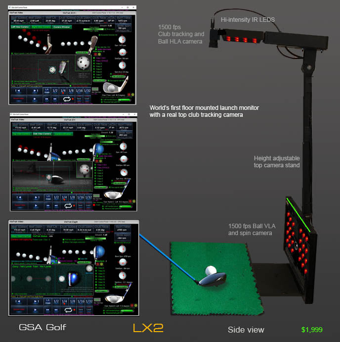 GSA VisTrak LX2 golf launch monitor floor mounted unit with height adjustable top camera LED array turf mat and software screens