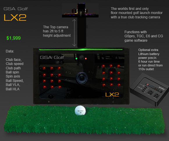 GSA VisTrak LX2 Golf Launch Monitor, floor-mounted with dual-angle cameras, capturing club and ball data, compatible with golf simulator software, priced at $1,999.