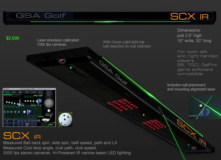 VisTrak SCX IR golf launch monitor by GSA showing black ramp with green LED alignment strip sensors and software display