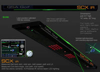 VisTrak SCX IR golf launch monitor by GSA showing black ramp with green LED alignment strip sensors and software display