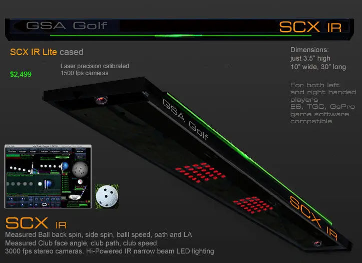 VisTrak SCX IR Lite Launch Monitor by GSA Golf black cased angled unit with LED lights and software screen