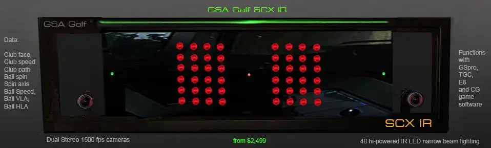 VisTrak SCX IR Lite Launch Monitor by GSA showing black sensor unit with dual red LED camera arrays