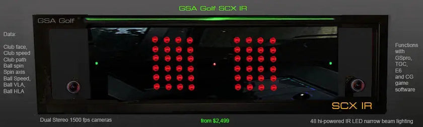 VisTrak SCX IR Lite Launch Monitor by GSA showing black sensor unit with dual red LED camera arrays
