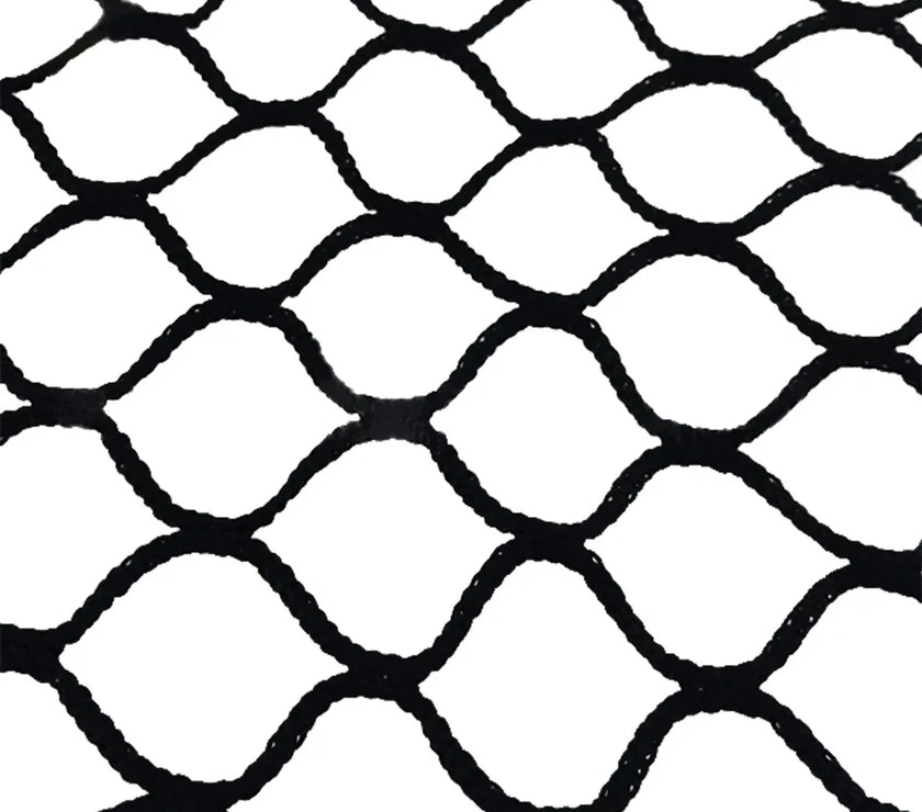 Close-up of durable black high impact golf practice netting with heavy-duty braided mesh pattern