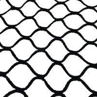 Close-up of durable black high impact golf practice netting with heavy-duty braided mesh pattern