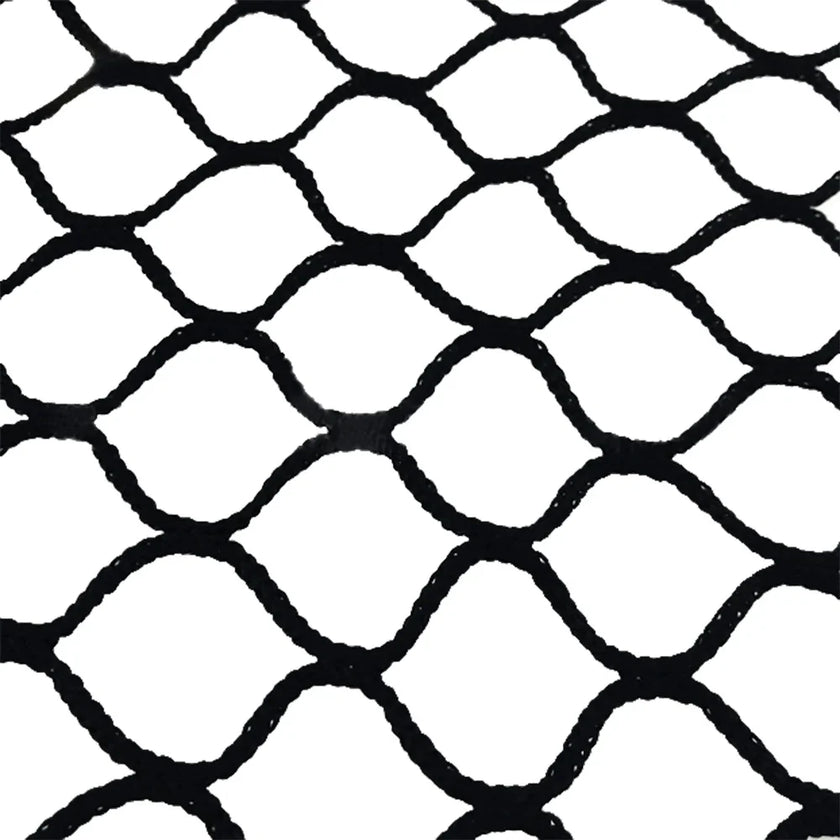 Close-up of durable black high impact golf practice netting with heavy-duty braided mesh pattern