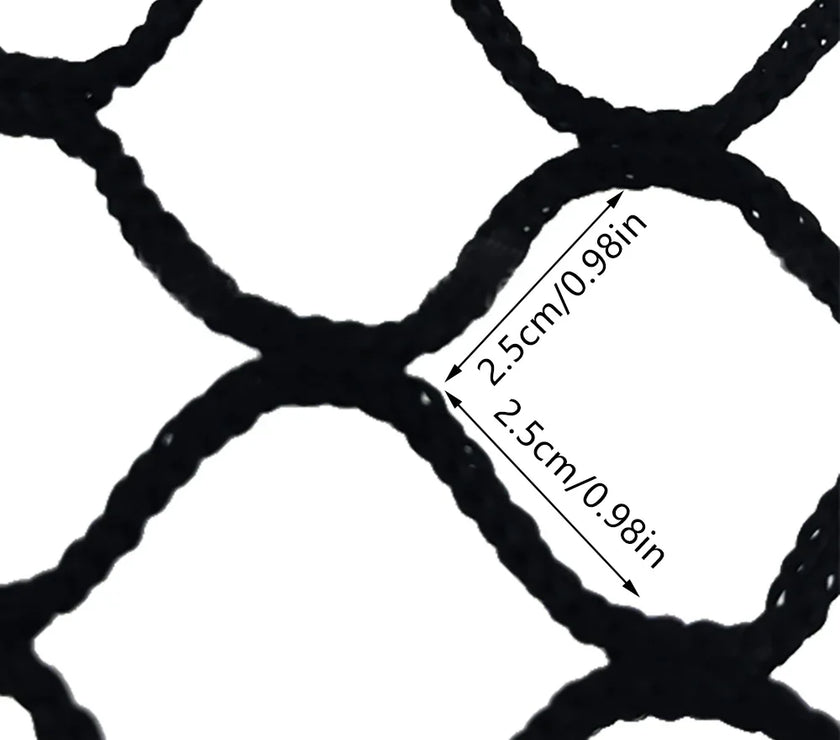 Close-up of black heavy-duty golf practice net mesh with 2.5cm square openings for high impact use