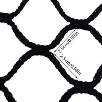 Close-up of black heavy-duty golf practice net mesh with 2.5cm square openings for high impact use