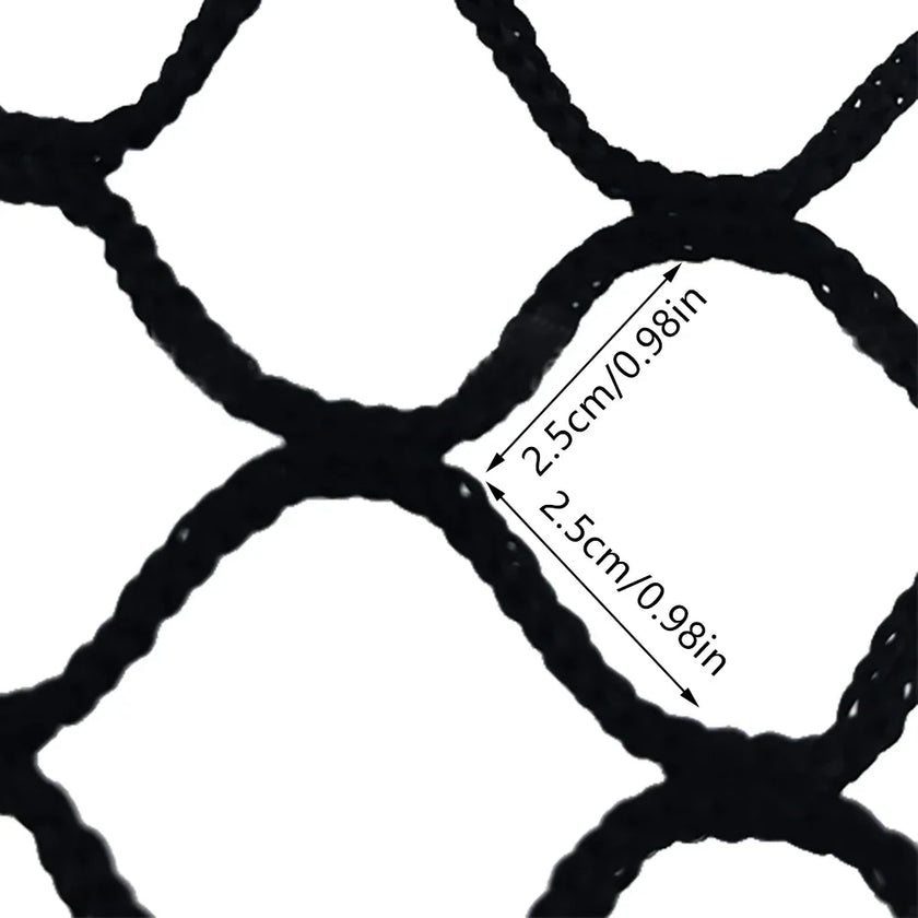 Close-up of black heavy-duty golf practice net mesh with 2.5cm square openings for high impact use