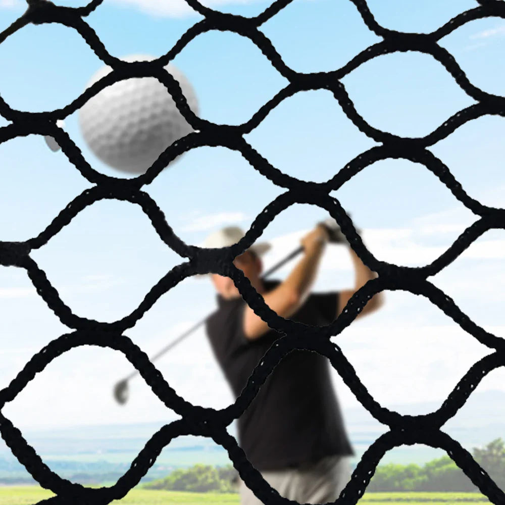 High Impact Golf Practice Net close-up with golfer swinging in the background outdoors