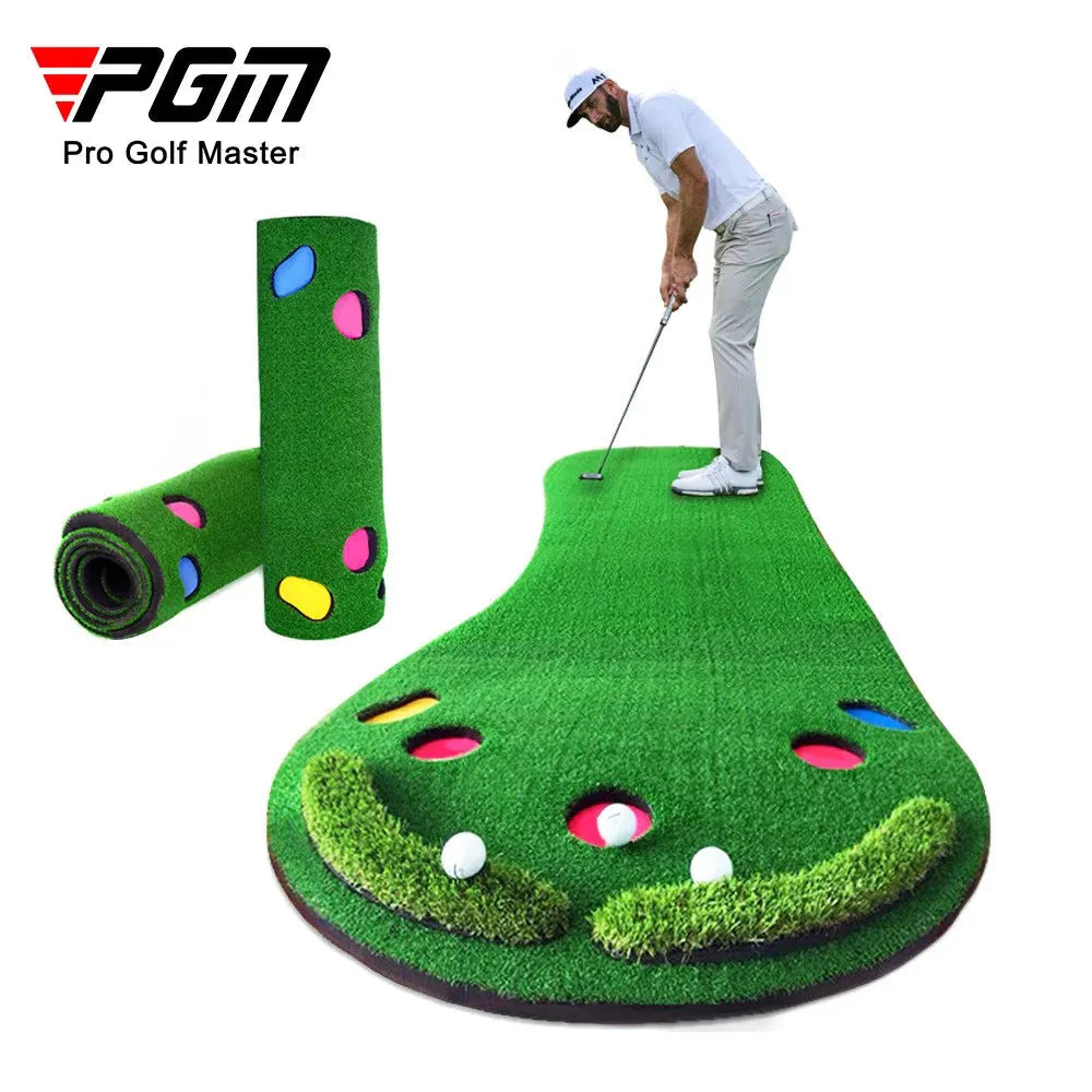 Golfer practicing on a green indoor putting practice mat with multiple colored holes and rolled mat