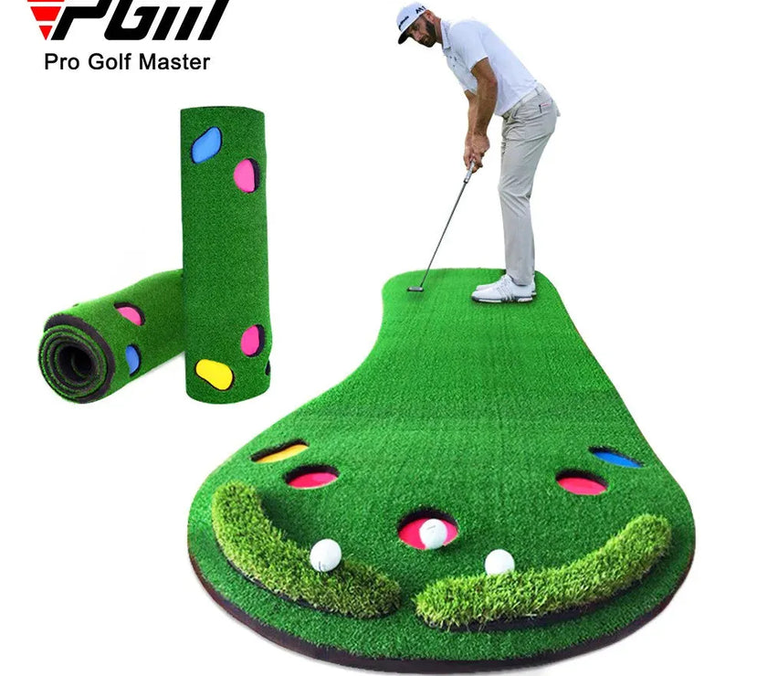 Golfer practicing on a green indoor putting practice mat with multiple colored holes and rolled mat