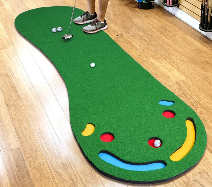 Under Par Discount Golf indoor putting practice mat with multiple colored target holes on wooden floor and golfer putting