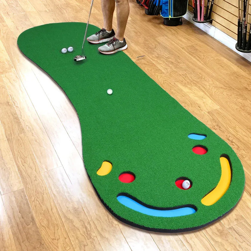 Under Par Discount Golf indoor putting practice mat with multiple colored target holes on wooden floor and golfer putting