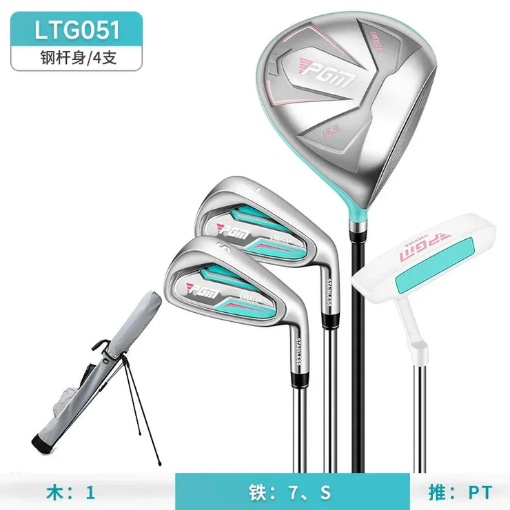 PGM ladies golf clubs with bag featuring four clubs designed for beginner and intermediate golfers