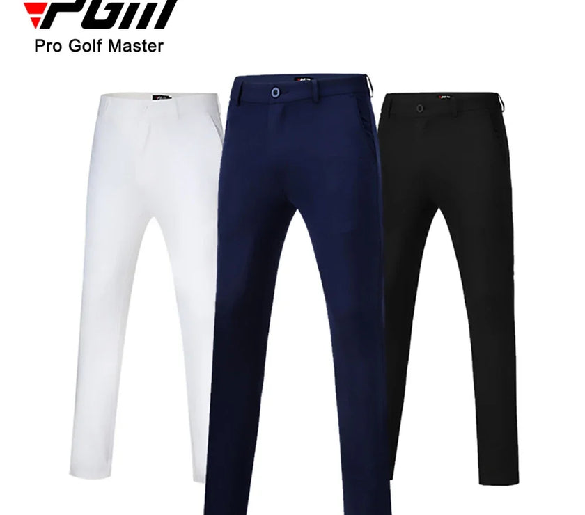 Three pairs of slim fit golf pants for men in white, navy, and black from Under Par Discount Golf