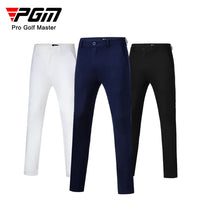 Three pairs of slim fit golf pants for men in white, navy, and black from Under Par Discount Golf