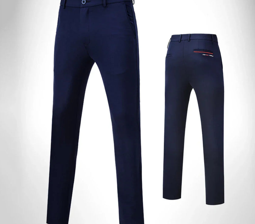 Navy slim fit golf pants for men with a modern design and comfortable stretch fabric