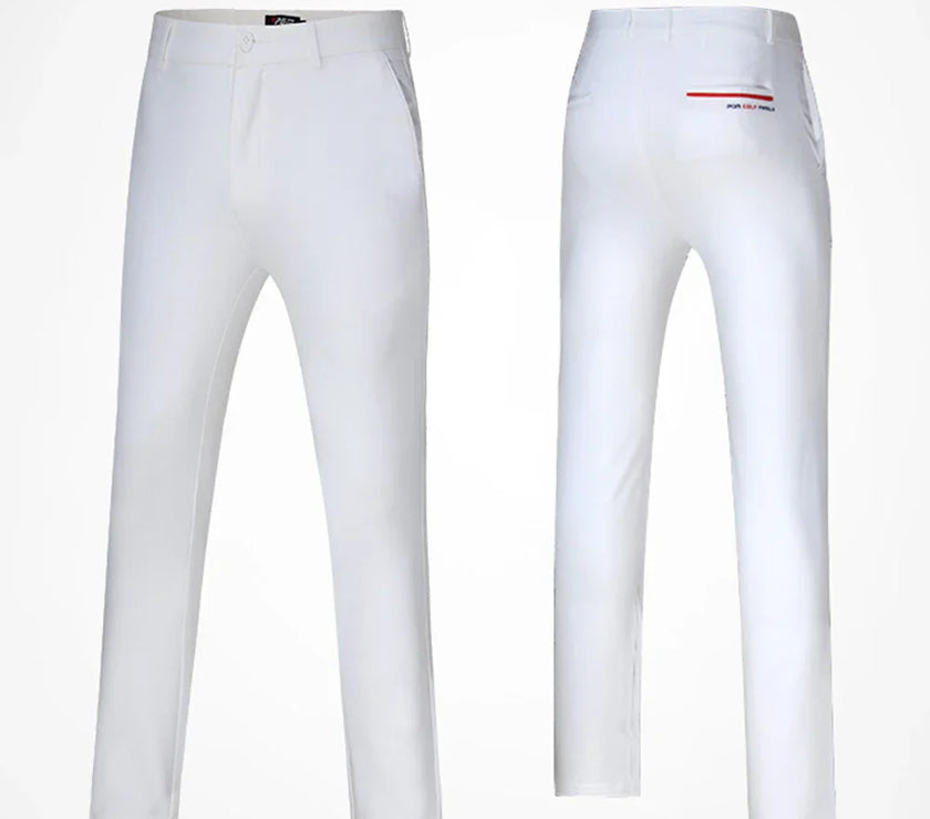 White slim fit golf pants for men with a sleek design, perfect for comfortable golfing.