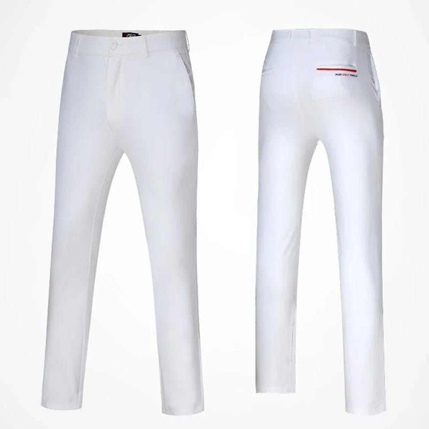 White slim fit golf pants for men with a sleek design, perfect for comfortable golfing.