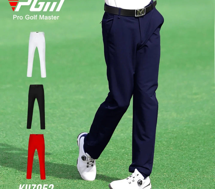 Slim fit golf pants for men available in black, white, and red colors for stylish performance on the course