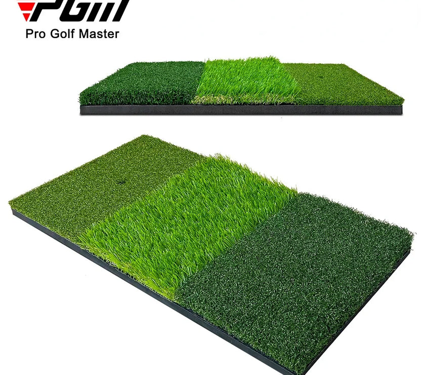 Under Par Discount Golf tri-turf golf hitting mat showing three turf types and rubber base for realistic swing practice
