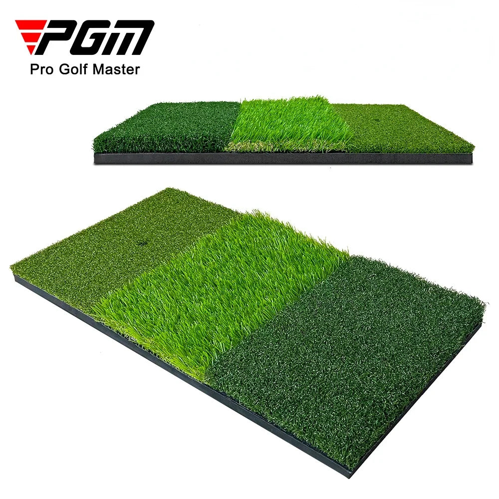 Under Par Discount Golf tri-turf golf hitting mat showing three turf types and rubber base for realistic swing practice