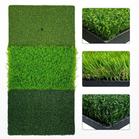 Under Par Discount Golf tri-turf golf hitting mat showing three turf surfaces with close up edges