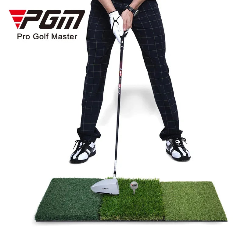 Golfer using tri-turf golf hitting mat showing three grass textures with driver and tee for practice