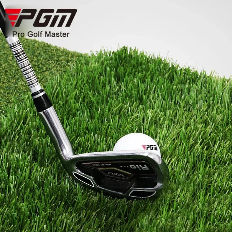 PGM iron and golf ball on lush artificial grass tri-turf golf hitting mat for practice