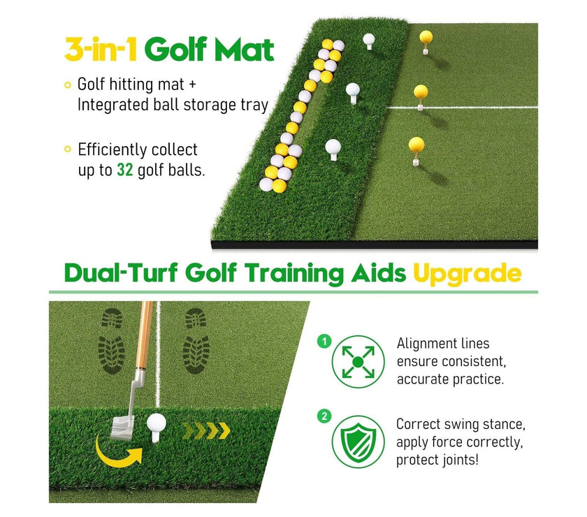 Premium Golf Mat with Ball Tray dual turf 3 in 1 training mat with alignment lines and integrated ball storage