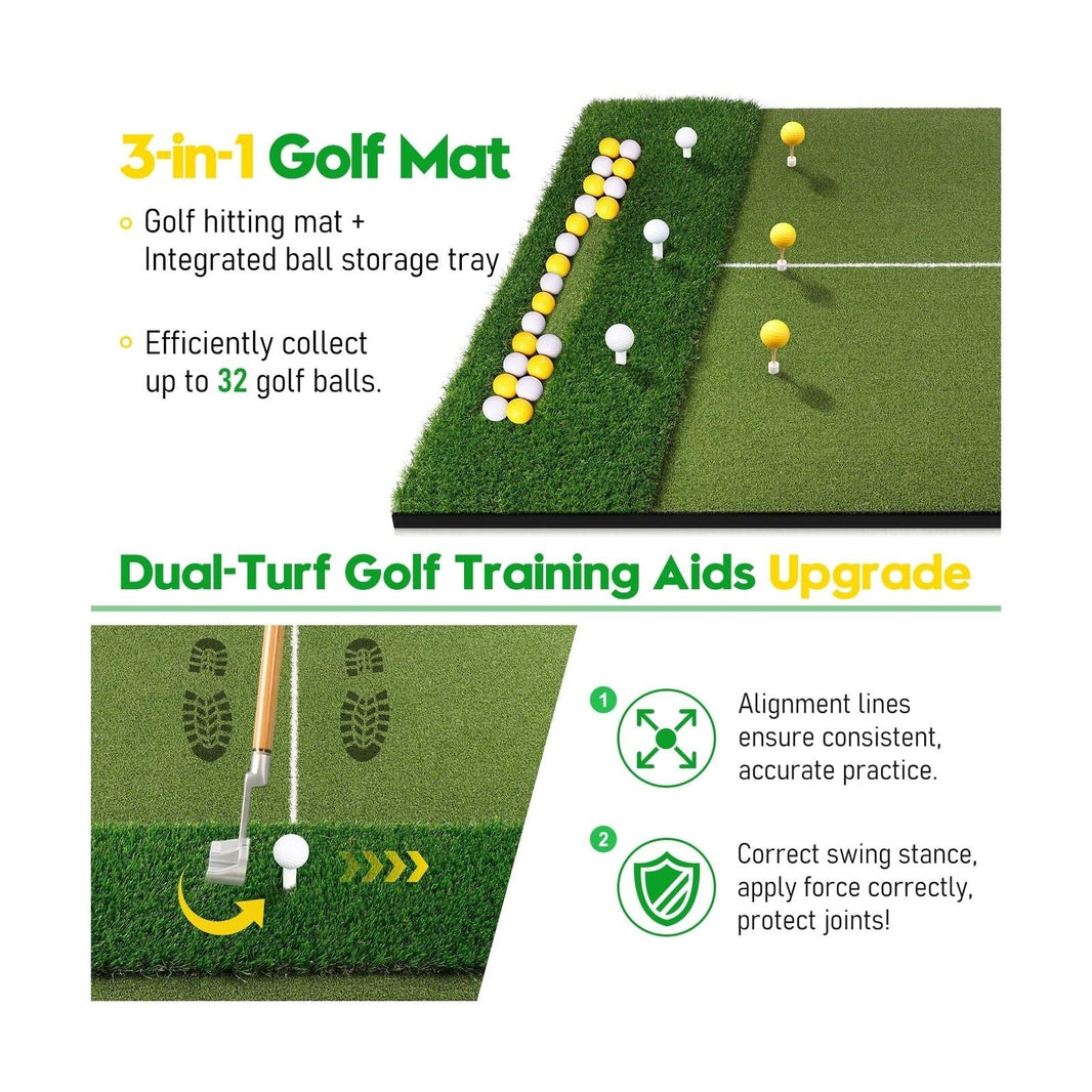 Premium Golf Mat with Ball Tray dual turf 3 in 1 training mat with alignment lines and integrated ball storage