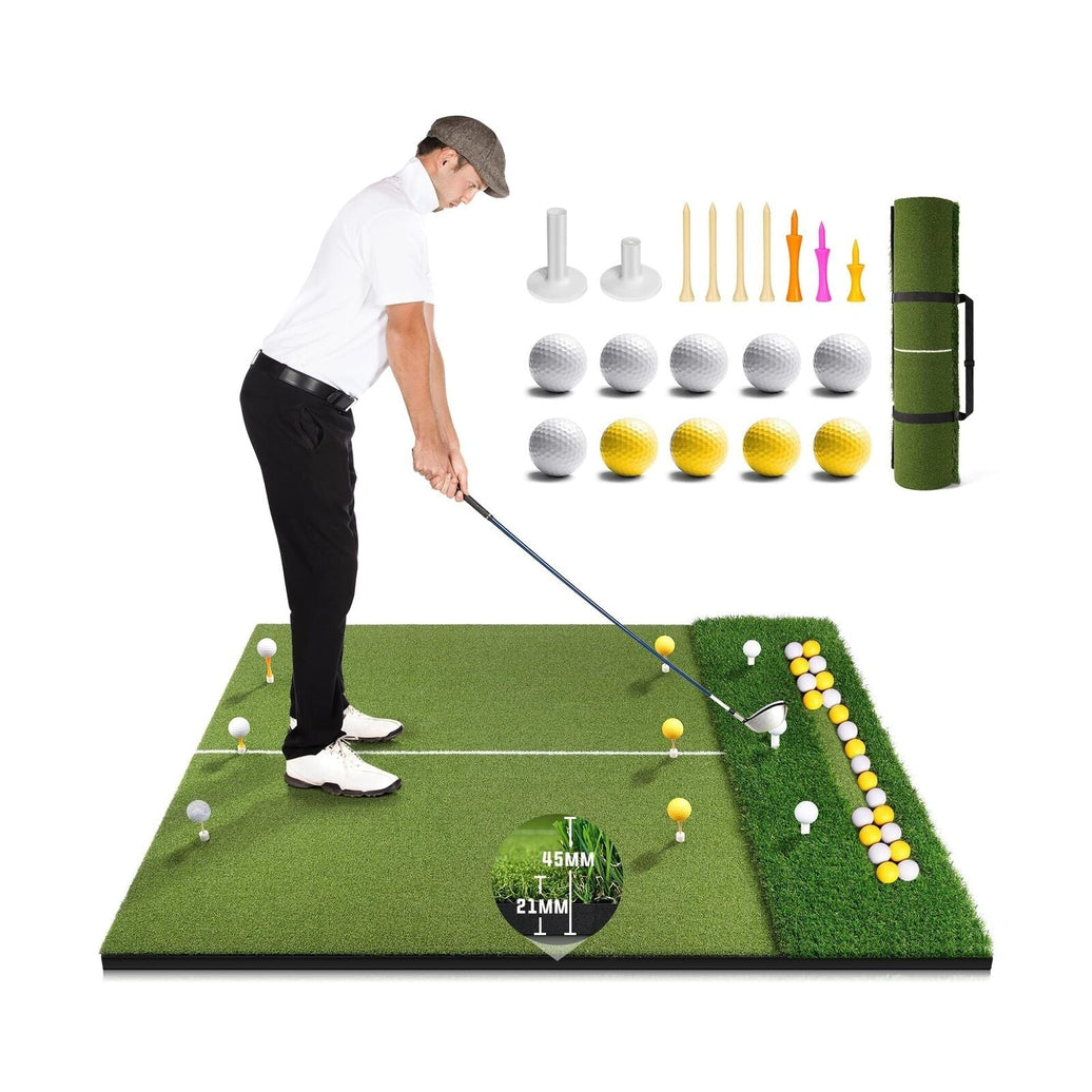 Golfer practicing on artificial turf practice mat with tees balls carry bag and accessories Premium Golf Mat with Ball Tray