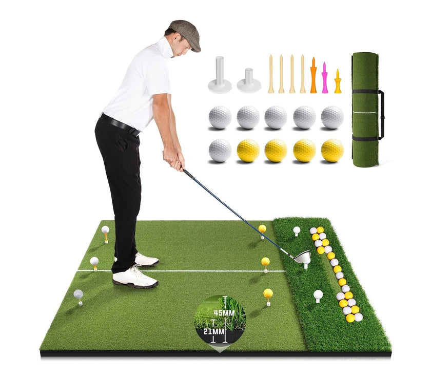 Golfer practicing on artificial turf practice mat with tees balls carry bag and accessories Premium Golf Mat with Ball Tray