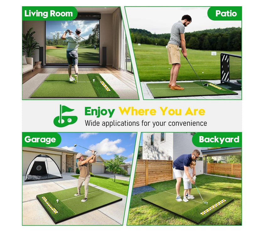 Premium Golf Mat with Ball Tray shown in living room patio garage and backyard for indoor outdoor practice