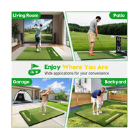 Premium Golf Mat with Ball Tray shown in living room patio garage and backyard for indoor outdoor practice