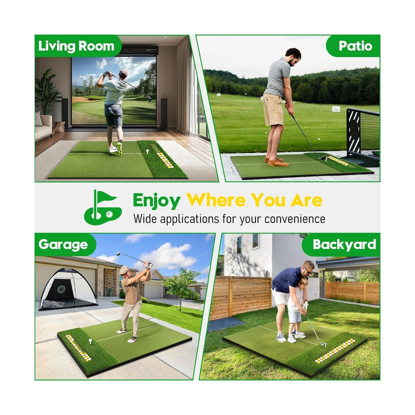 Premium Golf Mat with Ball Tray shown in living room patio garage and backyard for indoor outdoor practice