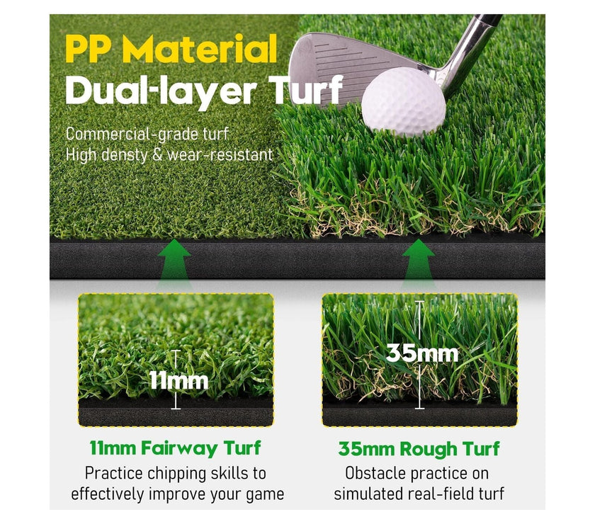 Under Par Discount Golf Premium Golf Mat with Ball Tray showing dual layer PP turf 11mm fairway 35mm rough with golf club and ball