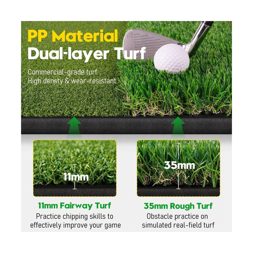 Under Par Discount Golf Premium Golf Mat with Ball Tray showing dual layer PP turf 11mm fairway 35mm rough with golf club and ball
