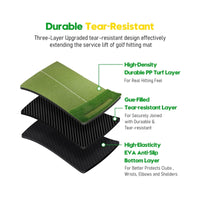 Premium Golf Mat with Ball Tray showing three layer tear resistant construction with turf surface and anti slip EVA base