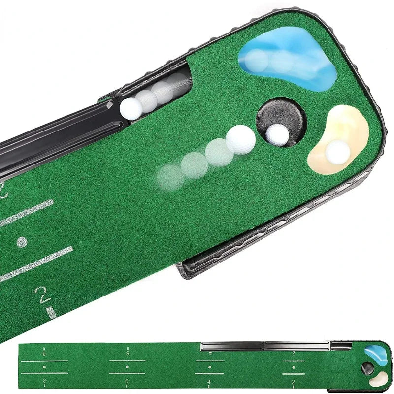Under Par Discount Golf indoor putting mat set green turf with cup ball return and alignment marks