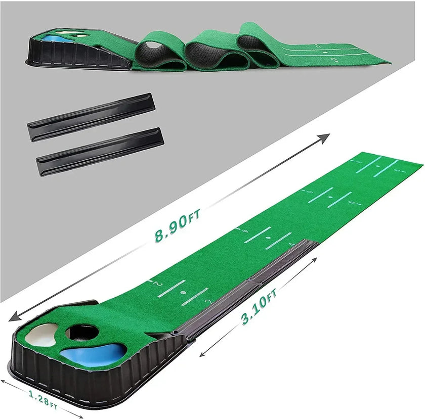 Under Par Discount Golf indoor putting mat set 8 foot 9 inch green putting mat with hole cup ball return and alignment markings