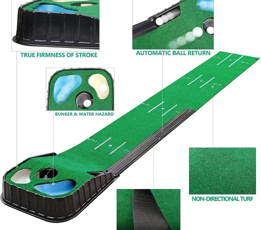 Under Par Discount Golf indoor putting mat set with dual holes bunker water hazards automatic ball return