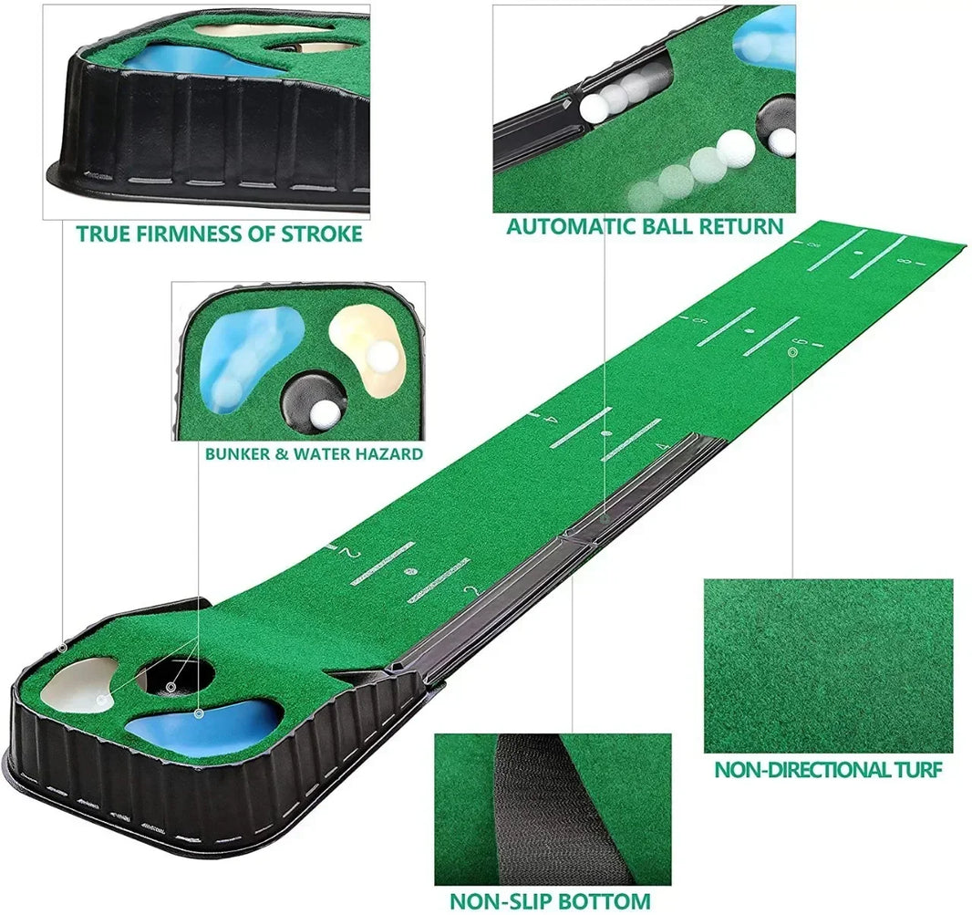 Under Par Discount Golf indoor putting mat set with dual holes bunker water hazards automatic ball return